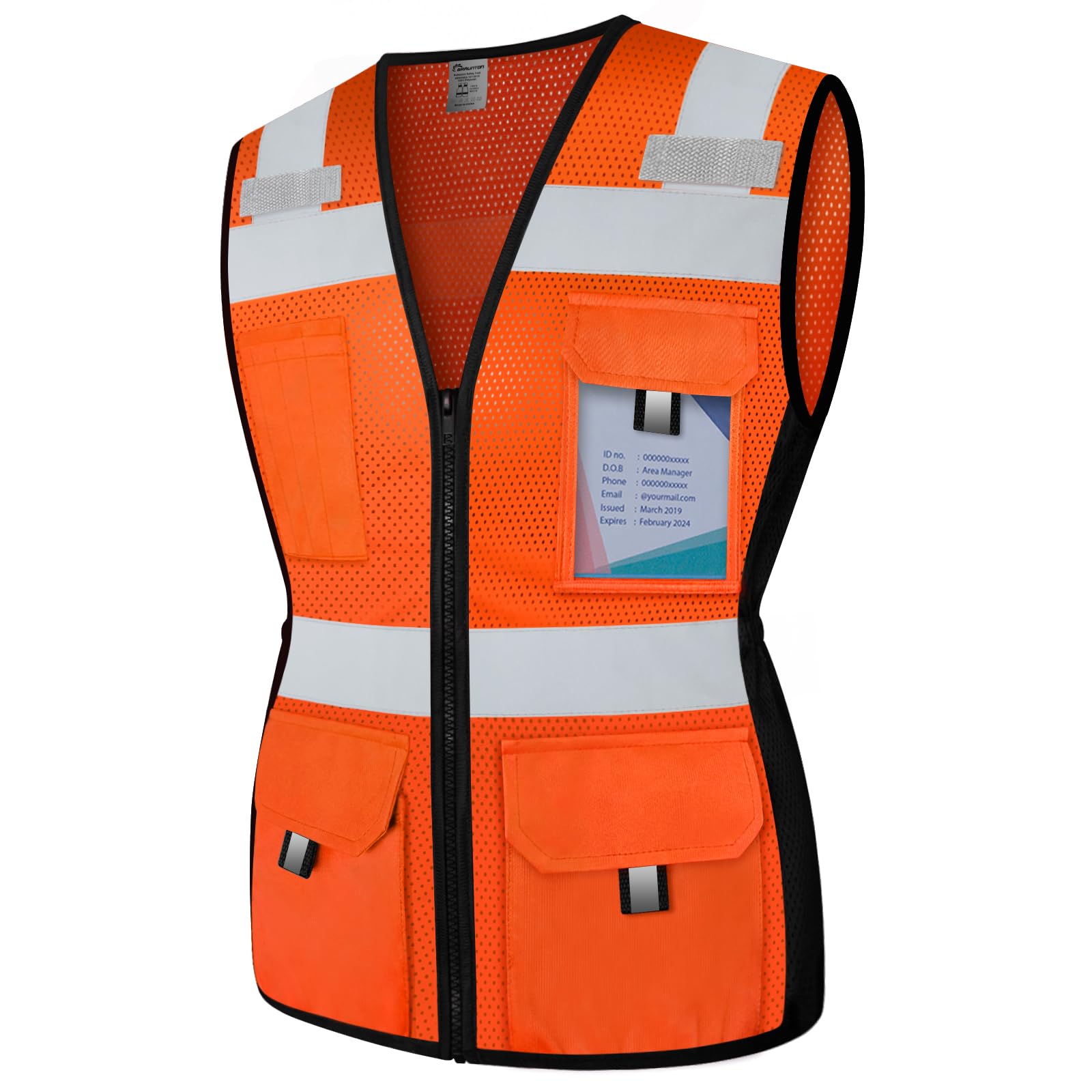 Graunton Safety Vest for Women - 11 Pocket Mesh Reflective Work Vest with Zipper, High Visibility Neon Construction, Snug-Fit & Durable, ANSI Compliant, Orange M