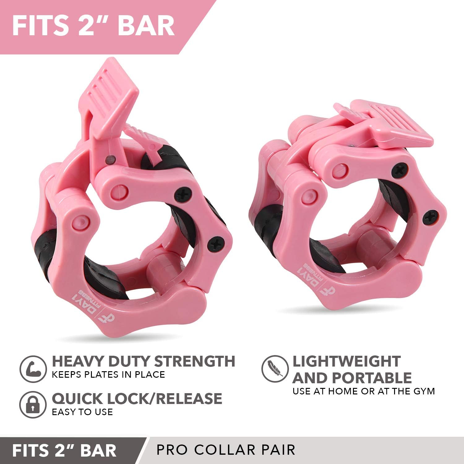Quick-Release Safety Collars 2 inch, Set of 2- PINK – By Day 1 Fitness, Weight Locking Clips for Olympic Weightlifting 2” Bars - Heavy-Duty 2-inch Plate Clamps for Powerlifting, Strength Training : Sports & Outdoors