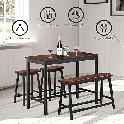 Buy Costway 4 Piece Solid Wood Dining Table Set Counter Height Dining Furniture With One Bench And Two Saddle Stools Industrial Style With Foot Pads For Home Kitchen Living Room Black Brown