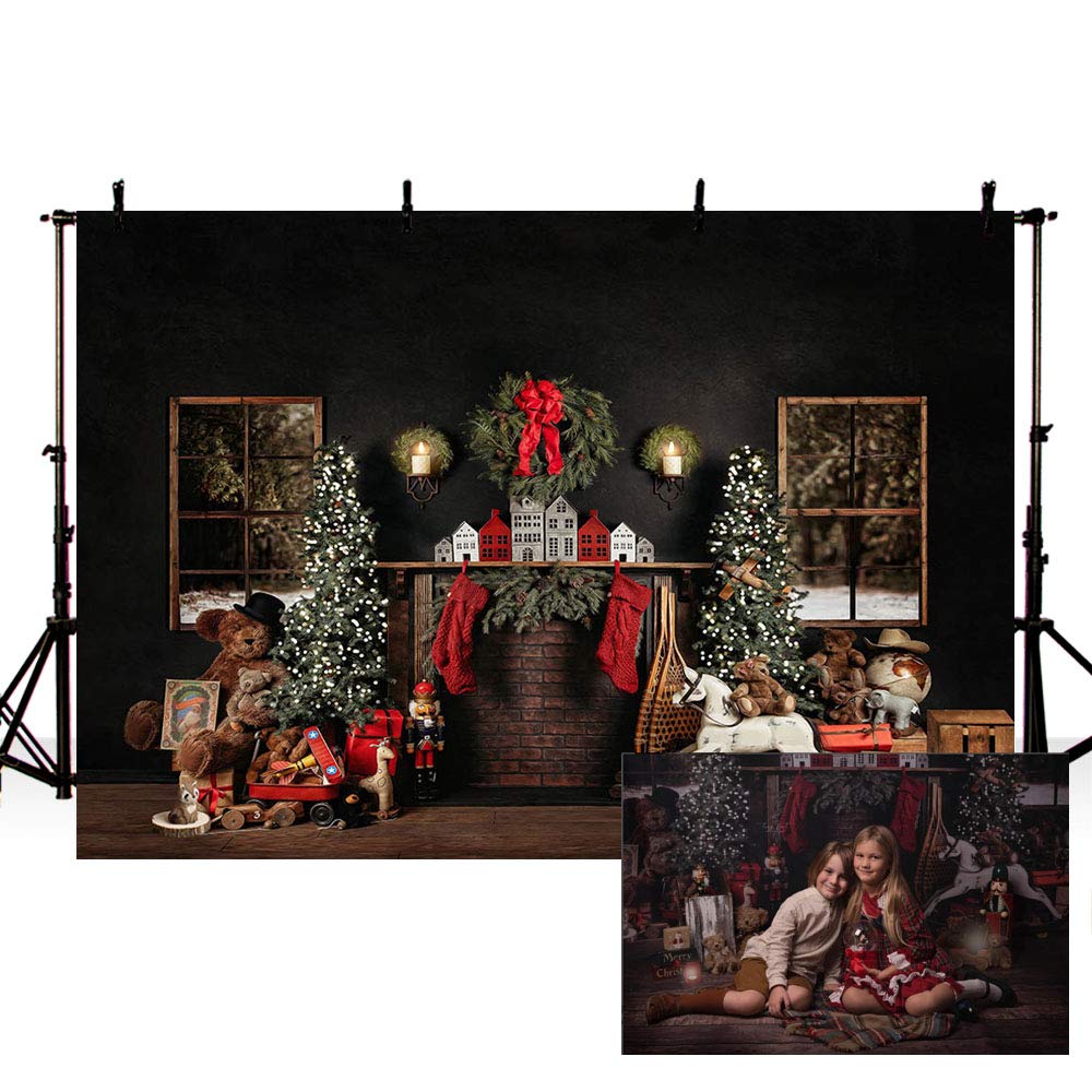 MEHOFOND 7x5ft Christmas Backgdrop Christmas Tree with Glitter Lights Fireplace Wreath Stocking Black Portrait Photography Background Winter Xmas Birthday Holiday Party Decoration Banner Photo Props