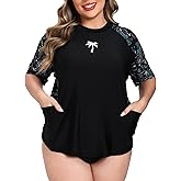 Halcurt Women's Plus Size Rash Guard Short Sleeve Swim Shirt with Built in Bra UPF50+ Sun Protection Swimsuit Top
