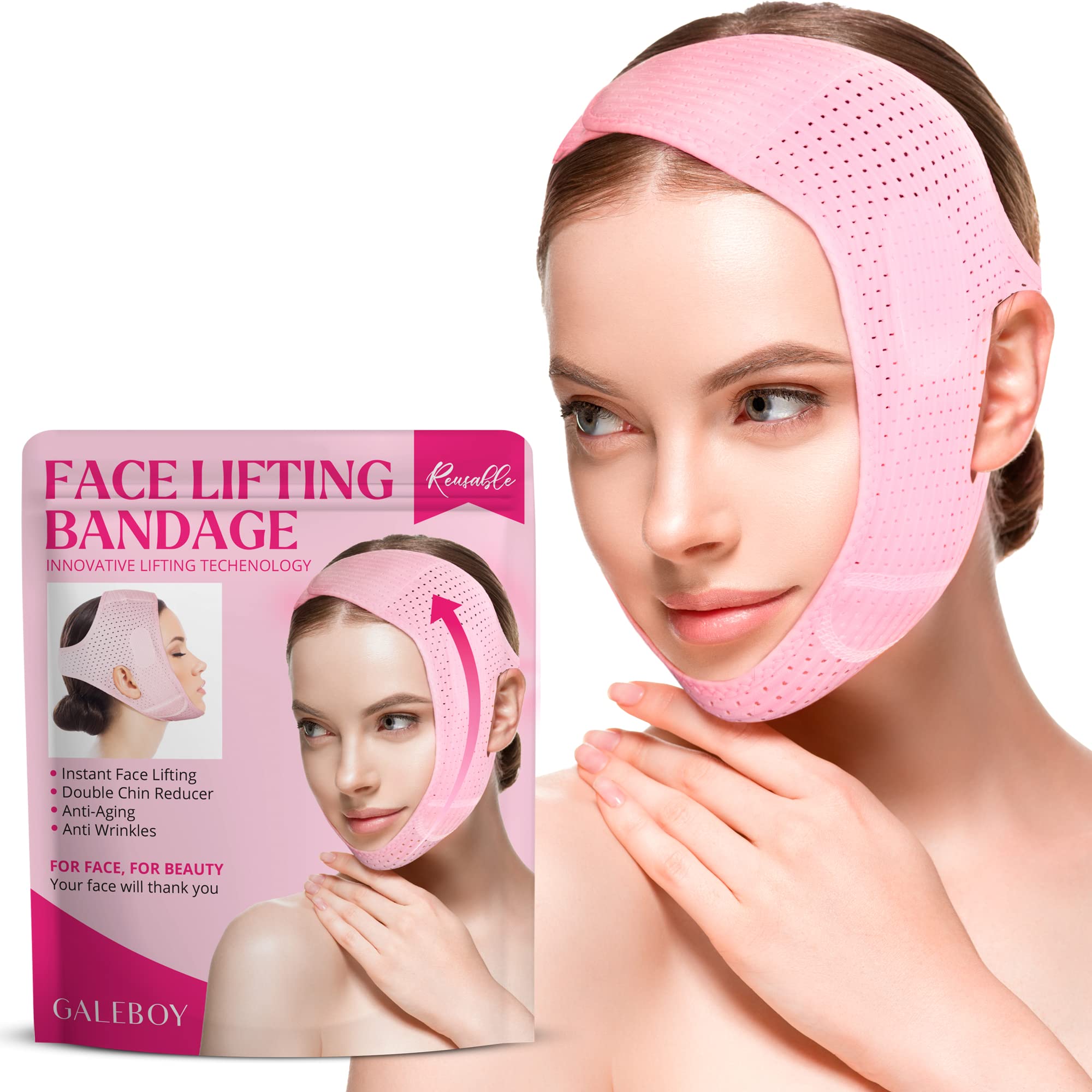 Galeboy Reusable Double Chin Reducer- V Line Mask -Double Chin Remover-Facial Slimming Chin Strap-Chin Up Mask Face Lifting Belt V Shaped Slimming Face Mask, Pink