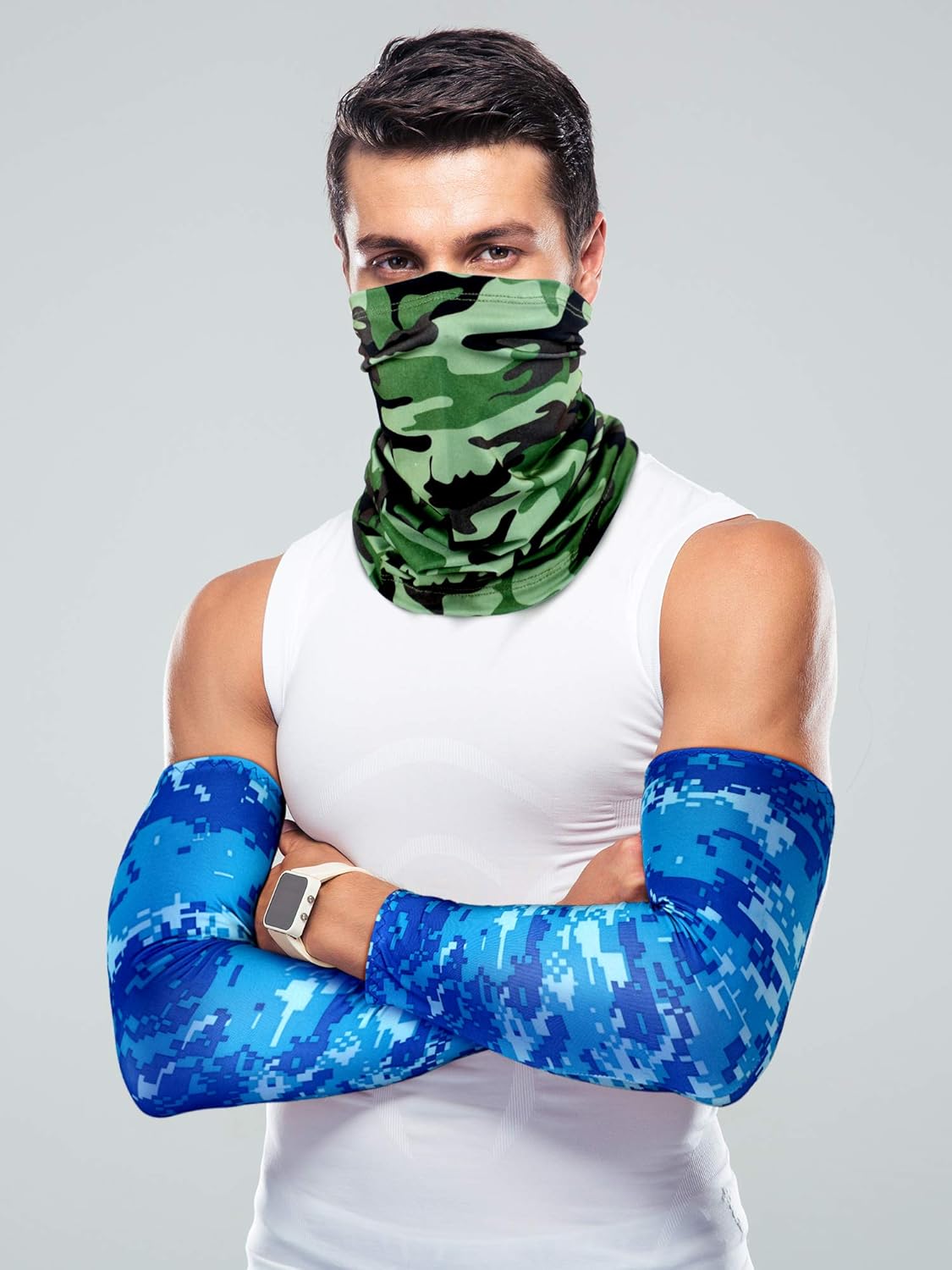 4 Pieces Face Cover Neck Gaiter and 4 Pairs Camouflage Cooling Arm Sleeves Summer UV Protection for Men Women: Clothing