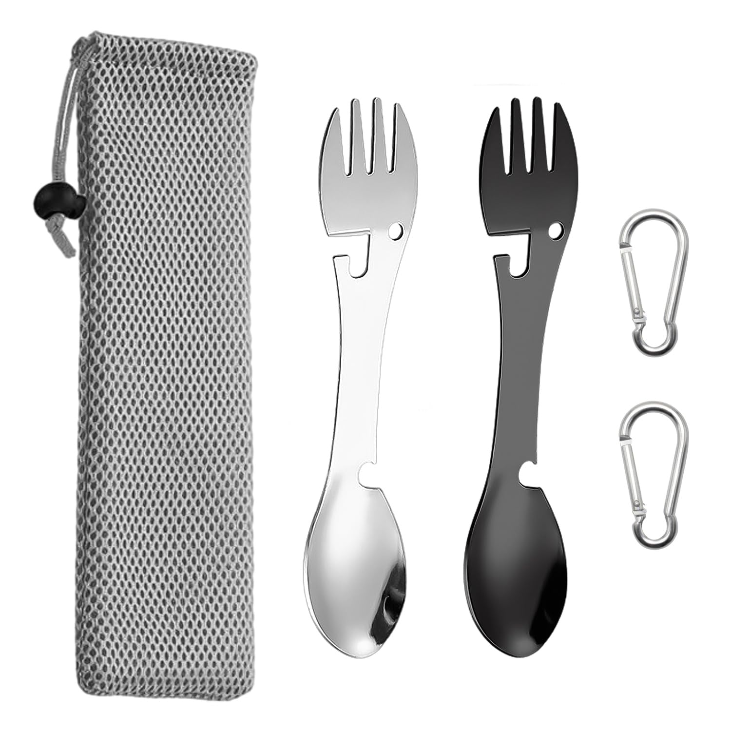 2 Pieces Stainless Steel Multifunctional Fork and Spoon Can Opener with 2 Carabiners, 1 Piece Storage Bag, Integrated Cutlery, Suitable for Outdoor, Hiking (Silver, Black).