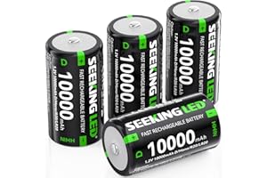SEEKING LED Rechargeable D Batteries 4 Pieces, Ni-MH 10000mAh High Capacity D Battery, 1200 Tech Ni-MH Batteries, Low Self-Di
