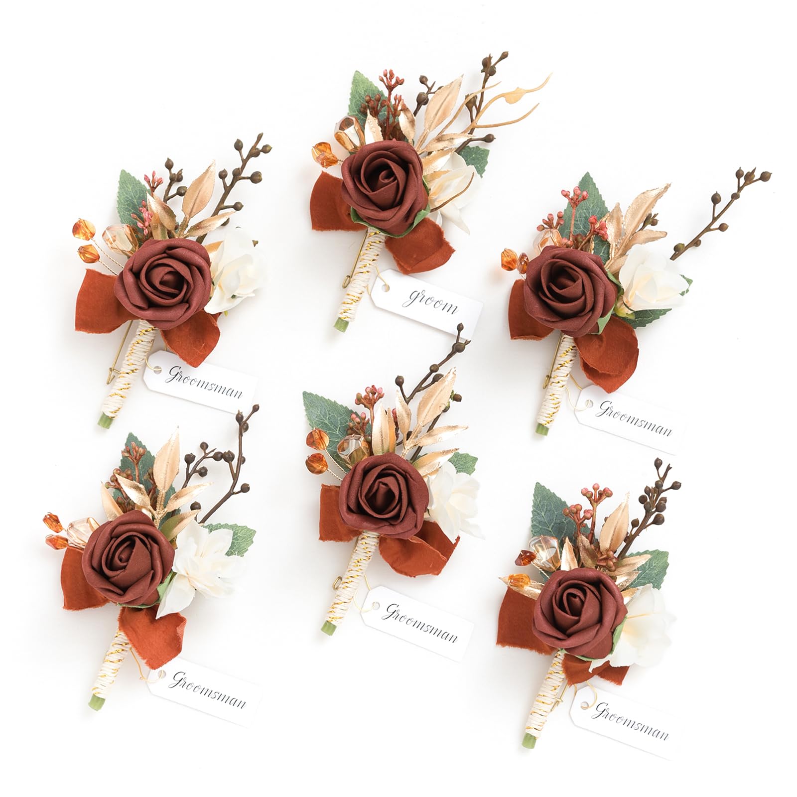 Photo 1 of Ling's Moment Boutonniere for Men, 6pcs Groom Groomsmen Boutonniere, Artificial Flowers for Wedding Decor/Prom/Homecoming, etc.Terracotta Orange