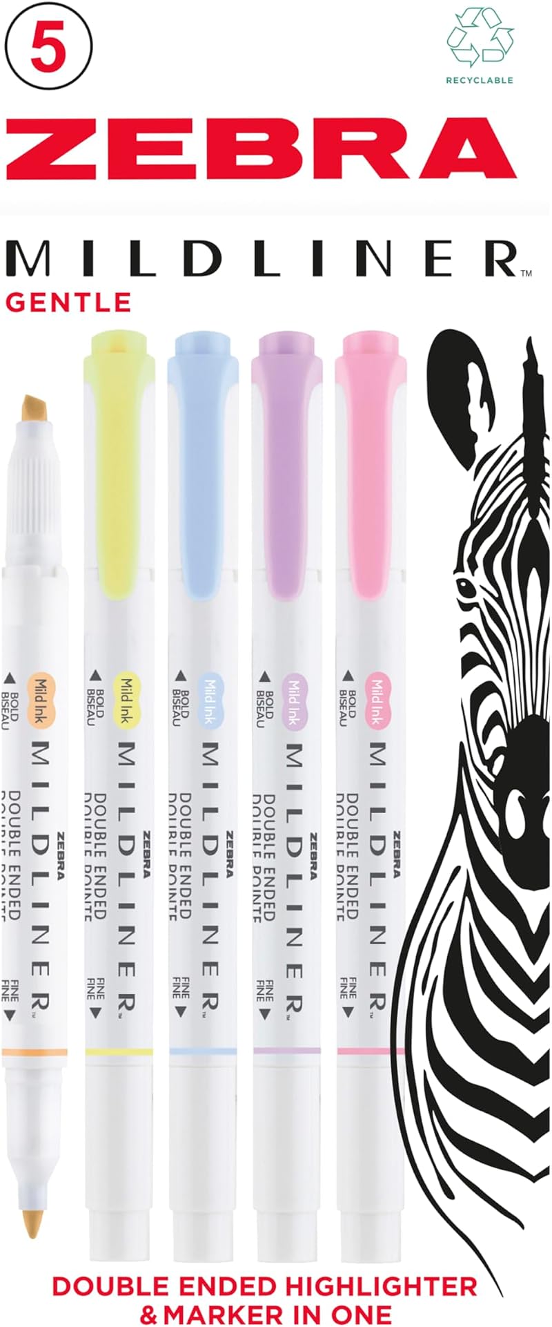 Zebra Pen MILDLINER Dual Tip Highlighters 5 Pack Pastel Assorted Colors