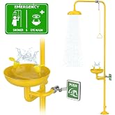 Crystmetal Emergency Shower Eye Wash Station, OSHA Approved Eyewash Station with Shower, First Aid Shower Combination Kit, Industrial Grade with Emergency Sign, 304 Stainless Steel Yellow ABS Coating