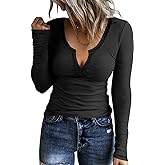 KINLONSAIR Women Casual Long Sleeve Tunic V-Neck Slim Fit T Shirts Basic Tee Tops Crew Neck Ribbed Knit Solid Shirt