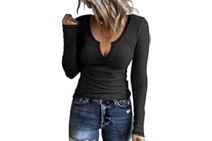 KINLONSAIR Women Casual Long Sleeve Tunic V-Neck Slim Fit T Shirts Basic Tee Tops Crew Neck Ribbed Knit Solid Shirt