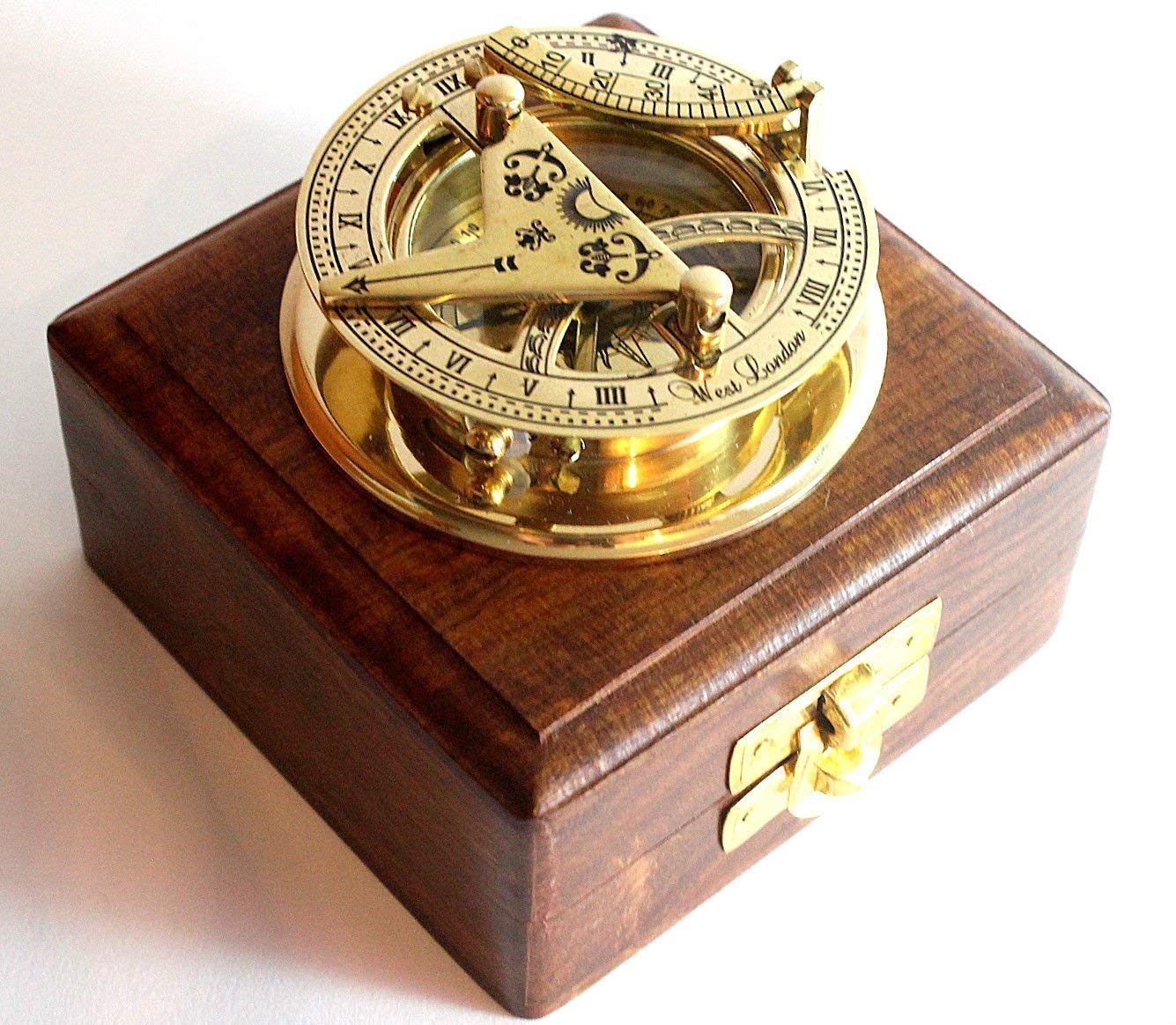 Nautical Replica Hub BRASS SUNDIAL COMPASS -Solid Brass Pocket Sundial - West London With Wooden Box