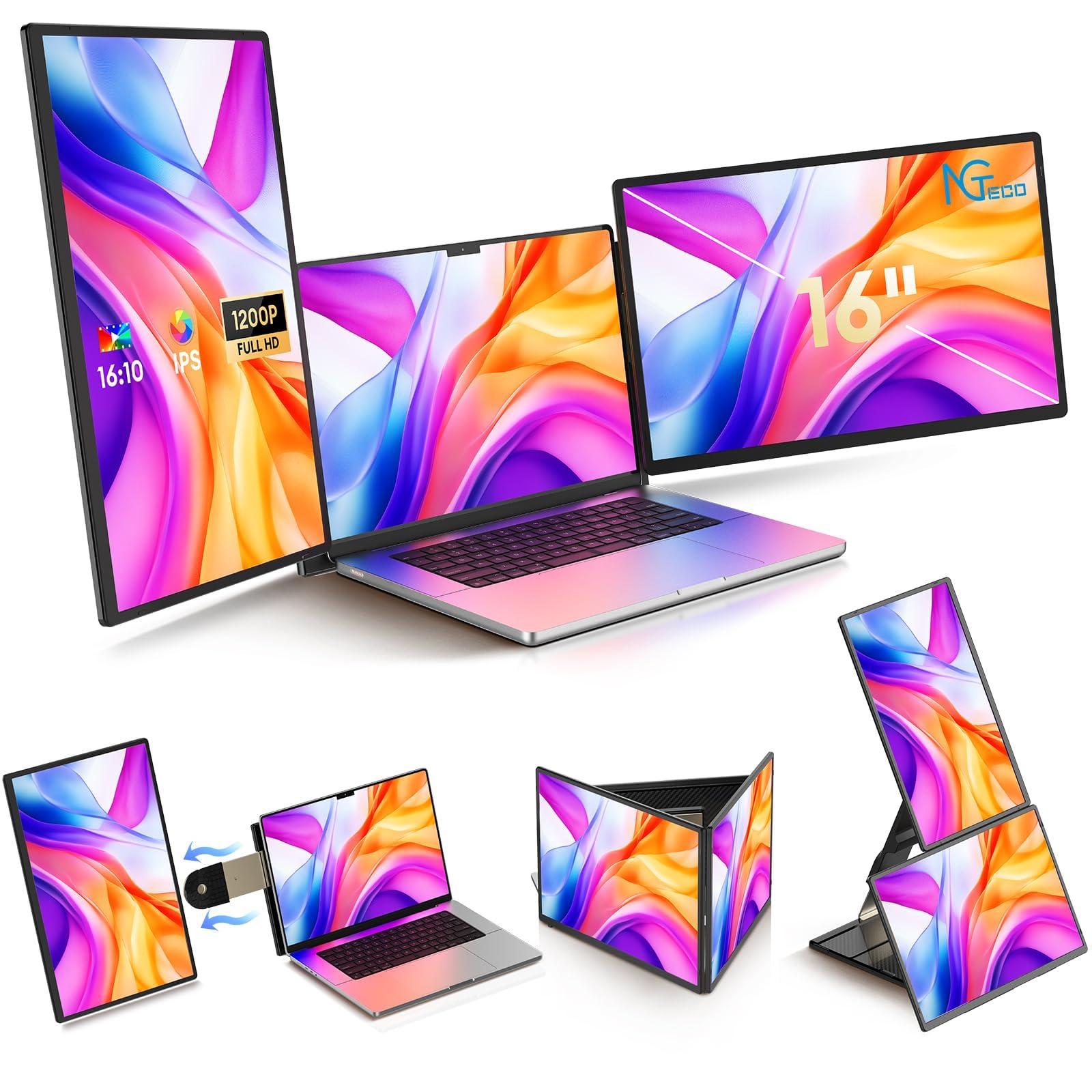 Photo 1 of NGTeco 16" Laptop Triple Screen Extender, 1200P IPS Portable Monitor for Laptops 13-17", with Type-C/HDMI/USB-A, Plug & Play, Compatible with Windows/Mac/Chrome OS