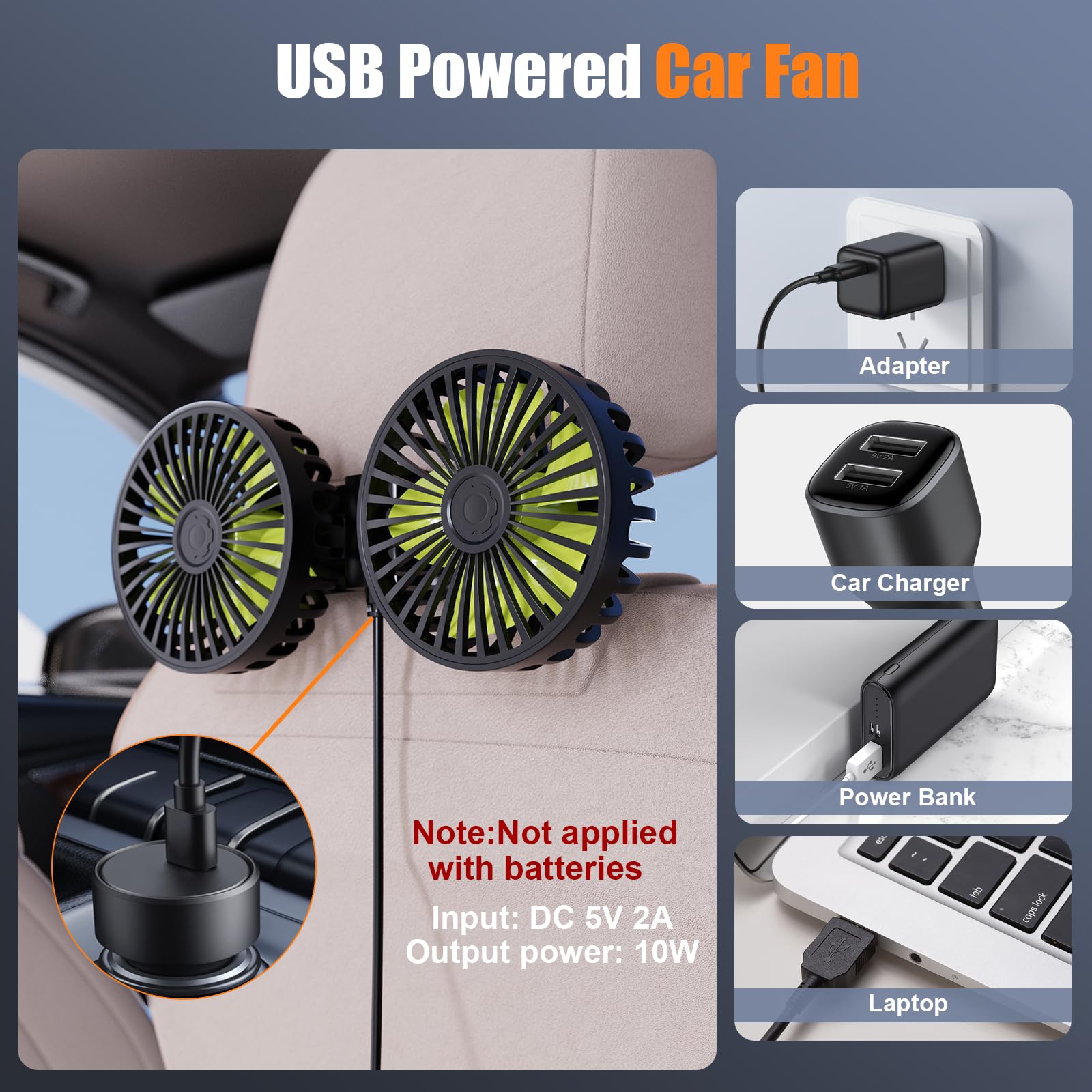 USB Car Cooling Fans for Backseat: Dual Head Car Fan for Kids 3 Speeds 360° Rotatable Vehicle Rear Headrest Fans 5V Powerful Electric Air Circulation Fan for Sedan SUV RV Truck (USB Plug)