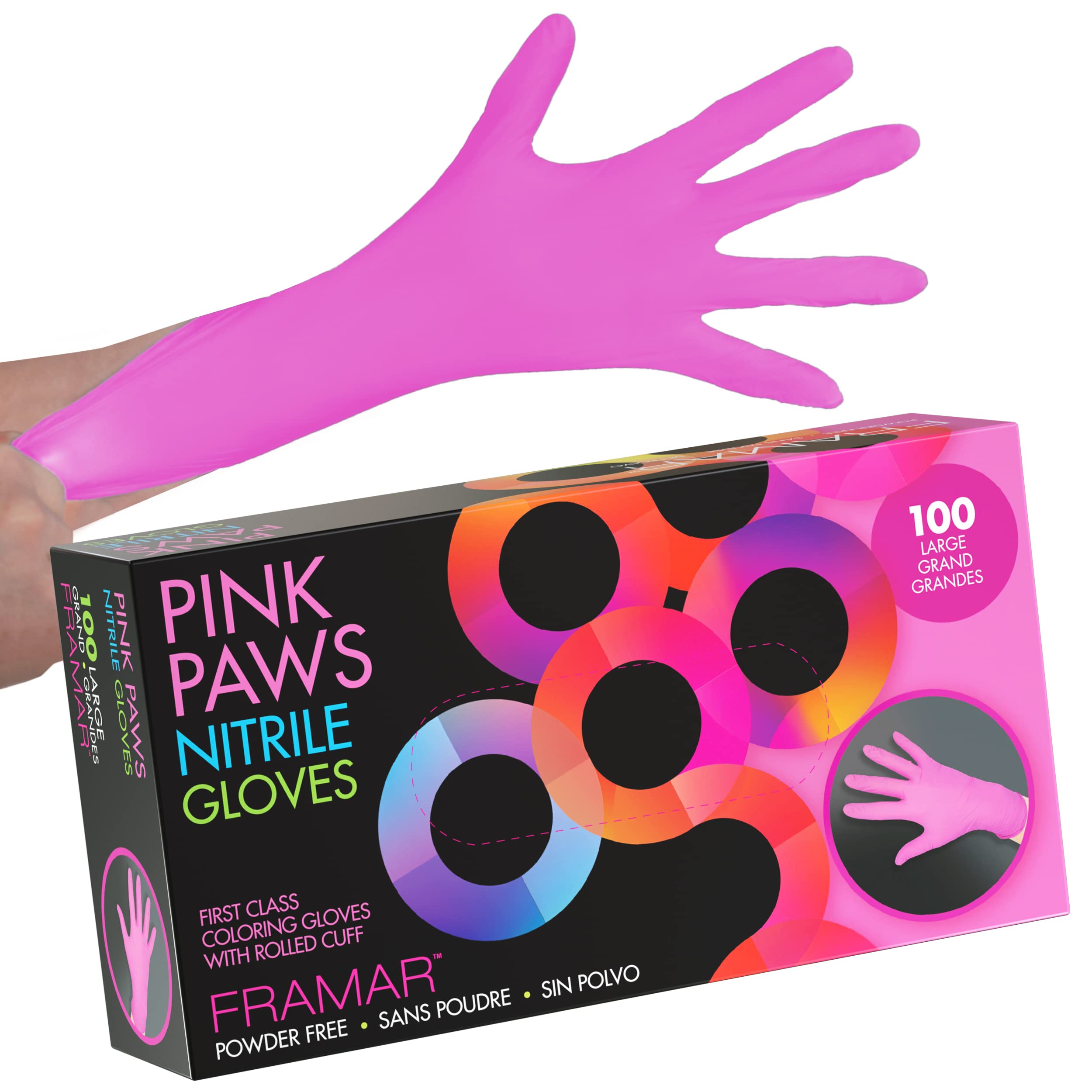 FRAMAR Pink Nitrile Gloves Large - Disposable, Non Latex, Latex Free, Garden Gloves for Women, Tattoo - 100 Count
