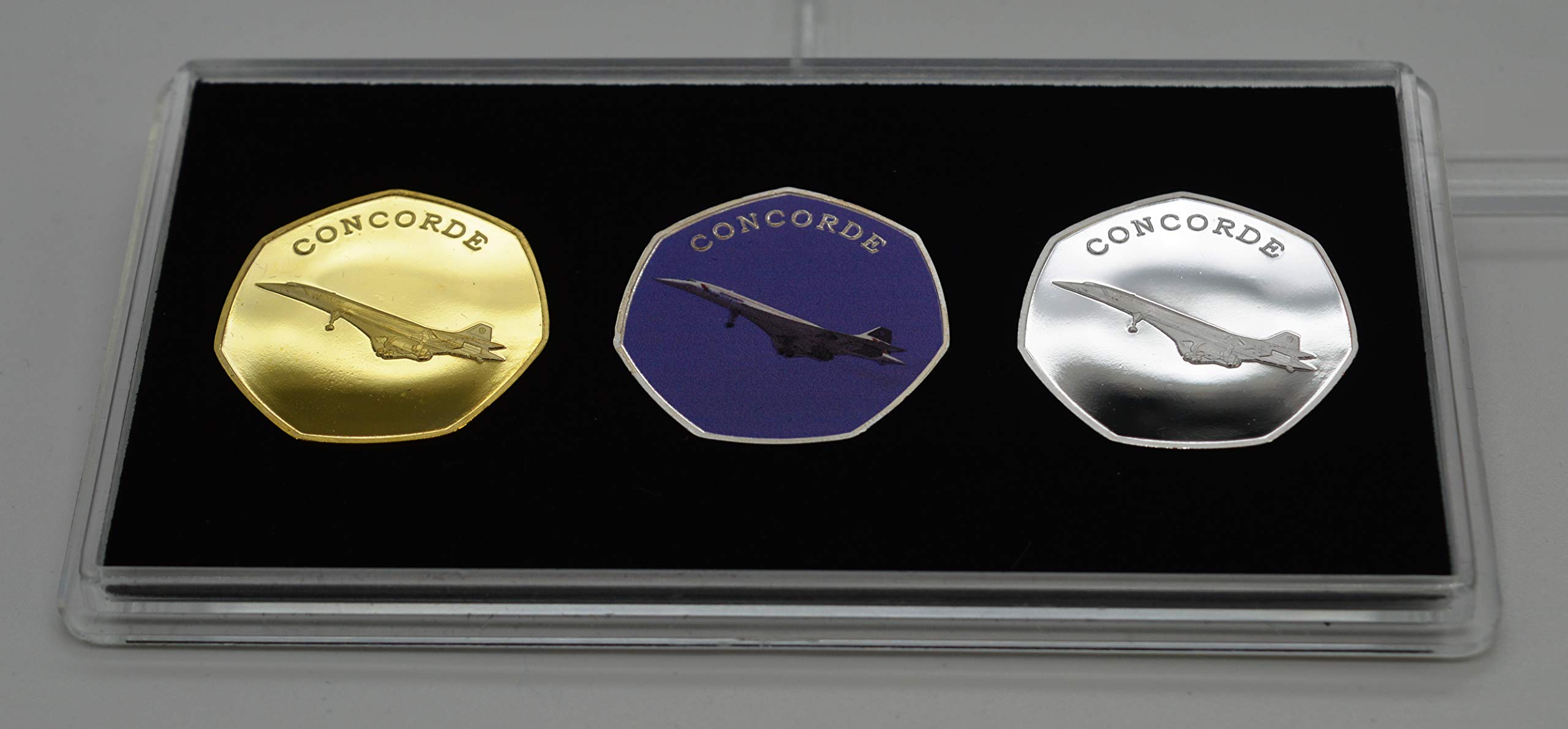 Trio of CONCORDE Commemoratives in 50p Coin Display Case. Silver, 24ct Gold, Full Colour. Supersonic Jet Aircraft, British Airways, Air France