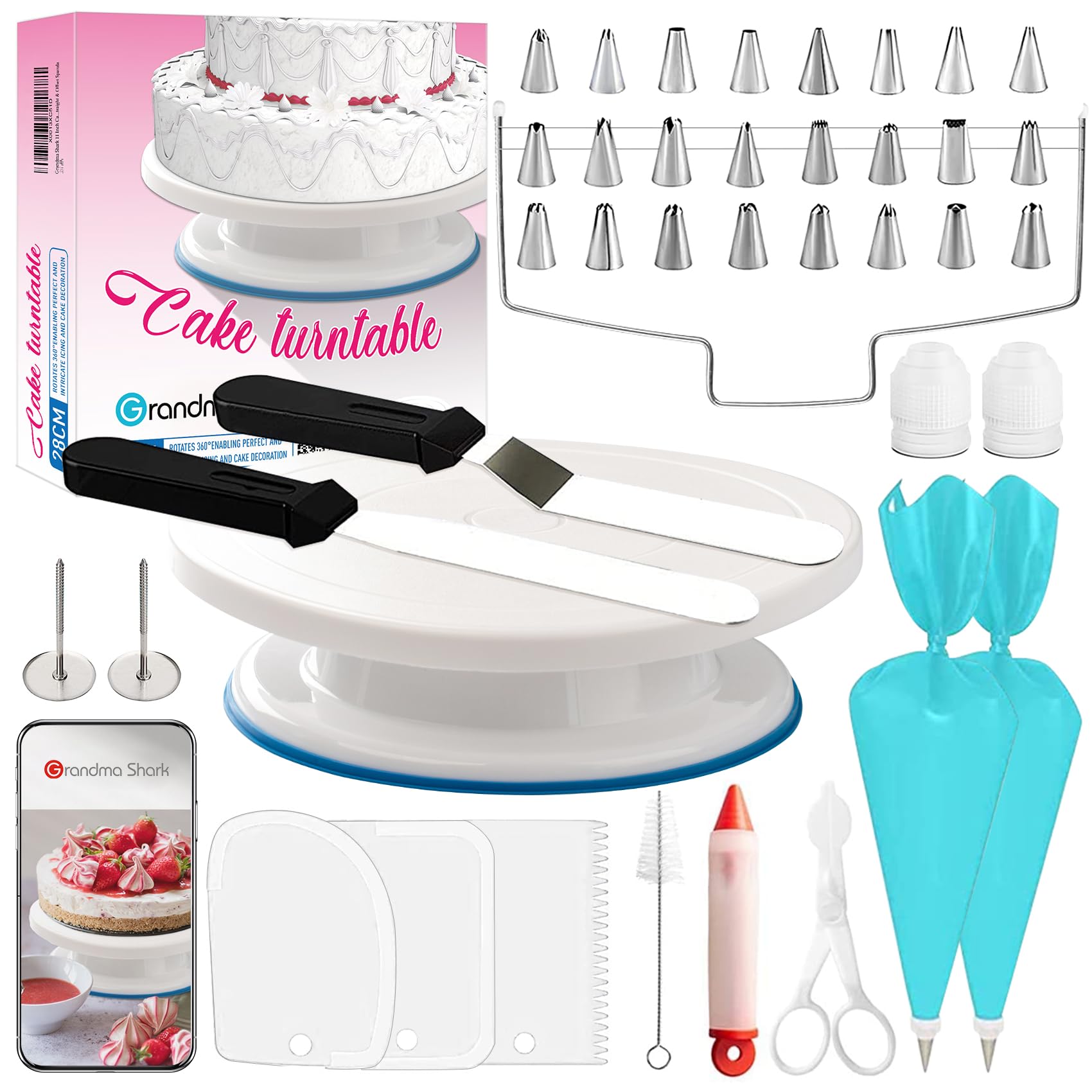 GRANDMA SHARK 11 Inch Cake Turntable & 39 Pc Decorating Kit - Piping Tips, Scrapers, TPU Bags, Flower Nail, Coupler, Icing Pen, Brush, Cutter, Spatula