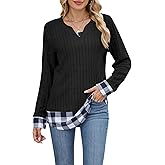 Long Sleeve Shirts for Women Dressy Casual Business Tunic Tops Lightweight Sweaters Blouses Fall Plaid Fake Two Pieces