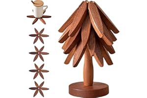 ZCHKG Christmas Tree Trivet Set of 4, Natural Tree Trivet Set - 4 Wooden Trivets & 1 Stand Like a Christmas TRE, Foldable Wood Coasters Heat Resistant Coasters for Hot Pots, Rustic Kitchen(Set A,1pc)