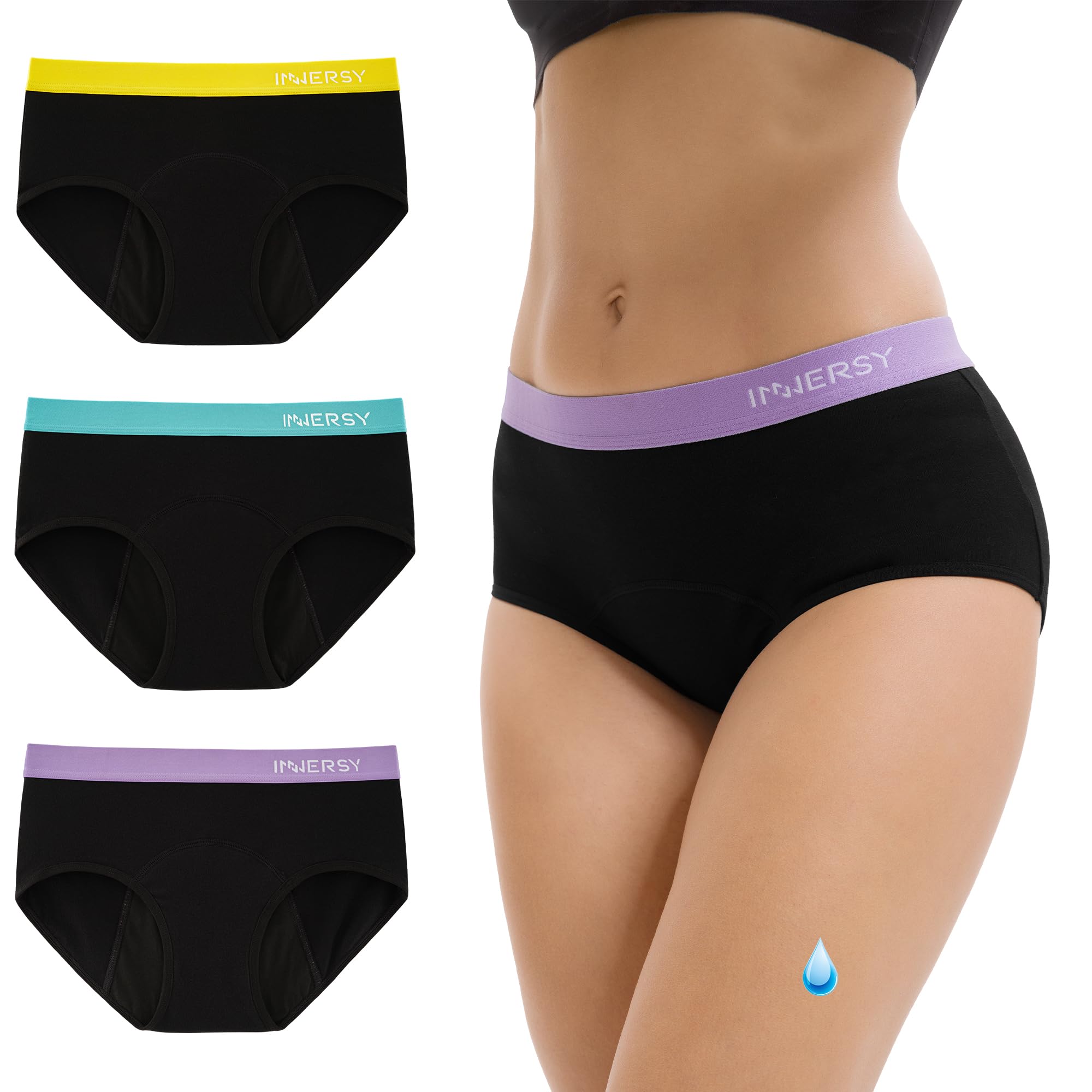 INNERSY Period Pants Black Menstrual Knickers Light Flow Leak Proof Underwear Hipster Panties 3 Pack(14, Colourful Black)