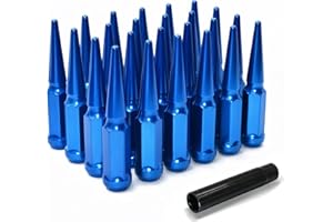 LUJIANI 1/2"-20 Blue Wheel Spike Lug Nuts, 24 PCS Lug Nut Wheel Accessories with 1 Socket Key, Thread Spiked 4.4" Long Closed End Nuts Compatible with Wrangler Cherokee Explorer