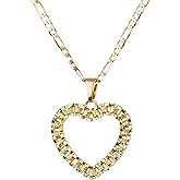 SAELACY 14K White Gold Plated Rollie Heart Pendant Necklace for Women Hollowed Diamond-cut Heart Charm Figaro Chain Minimalist Jewelry