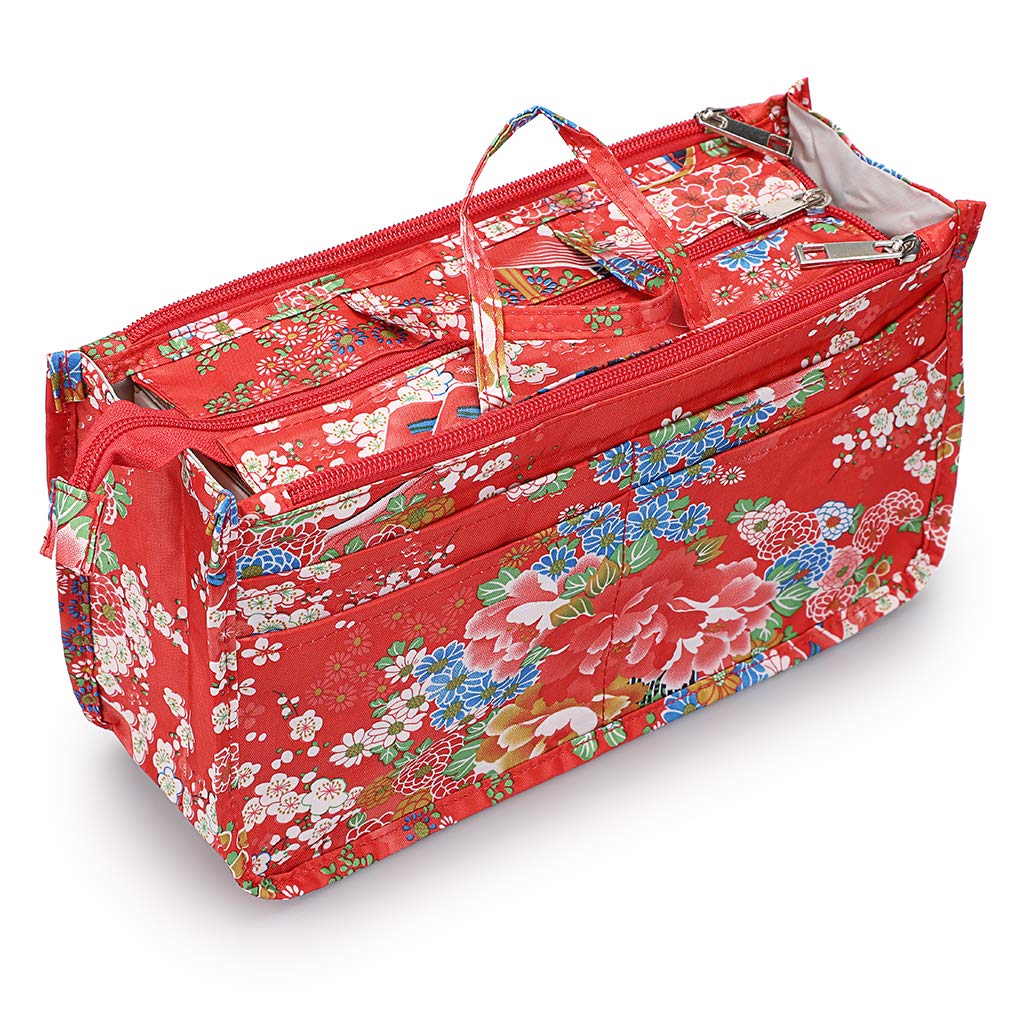 IGNPION Printed Insert Handbag Purse Organiser 13 Pockets Expandable Liner Bag Pouch Zipper Closure Tote Organiser Diaper Bag Insert with Handle (Red Flower