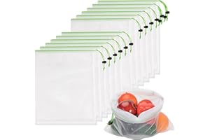 JSVSLTD Set of 12 Reusable Green Mesh Produce Bags - Medium (12"x14") for Fruits, Vegetables, Bulk Grain, Toys or Cosmetics