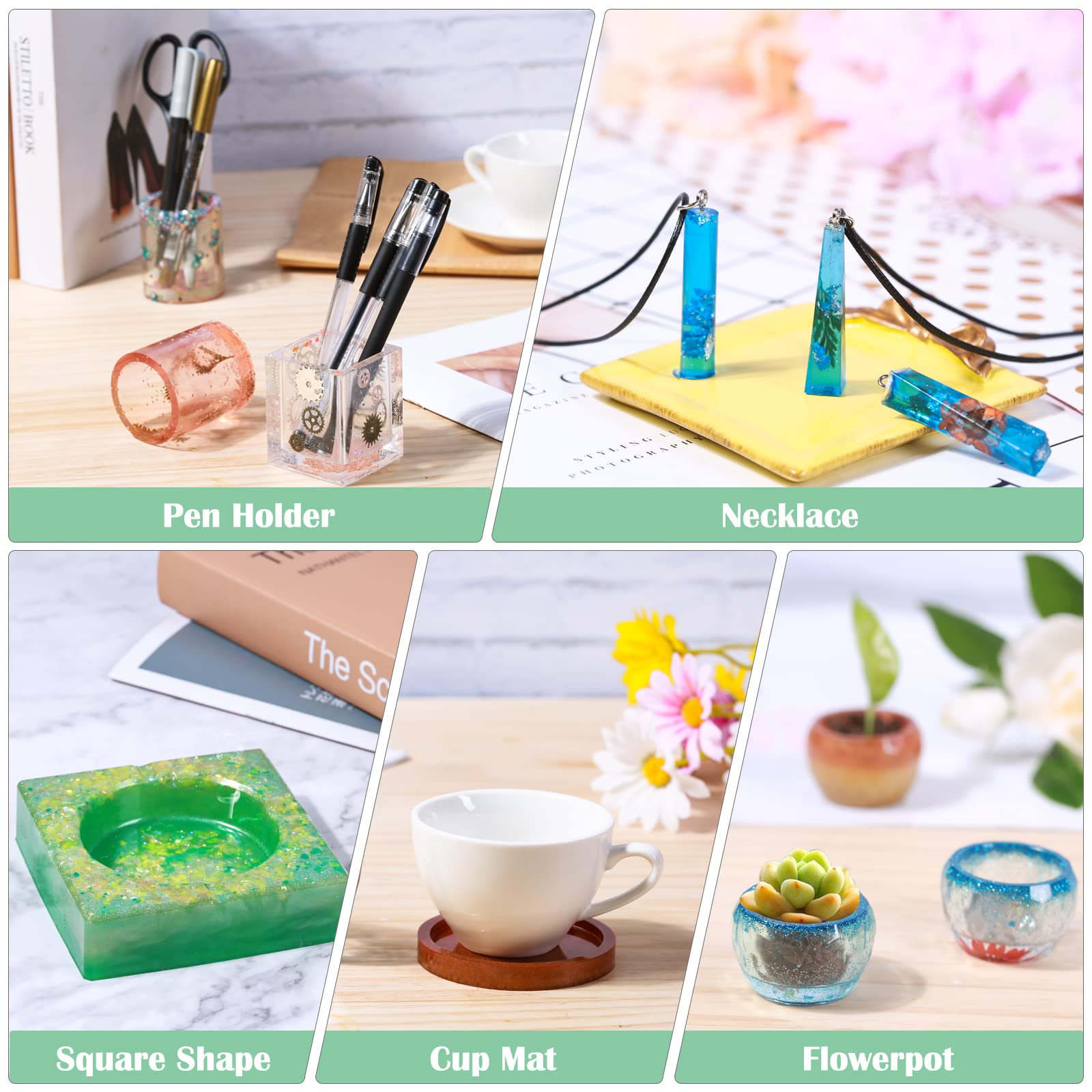 Silicone Resin Molds Kit 26PCS, Epoxy Molds, Large Casting with 12 Glitter Sequins for UV Casting, Including Sphere, Cube, Pyramid, Square, Coaster, Stone & Pendants