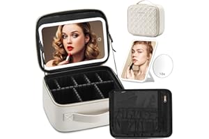 Omobolanle Makeup Bag with Mirror Led Light Detachable Portable Make up Travel Train Case with Adjustable Dividers and 10x Magnifying Mirror Beige