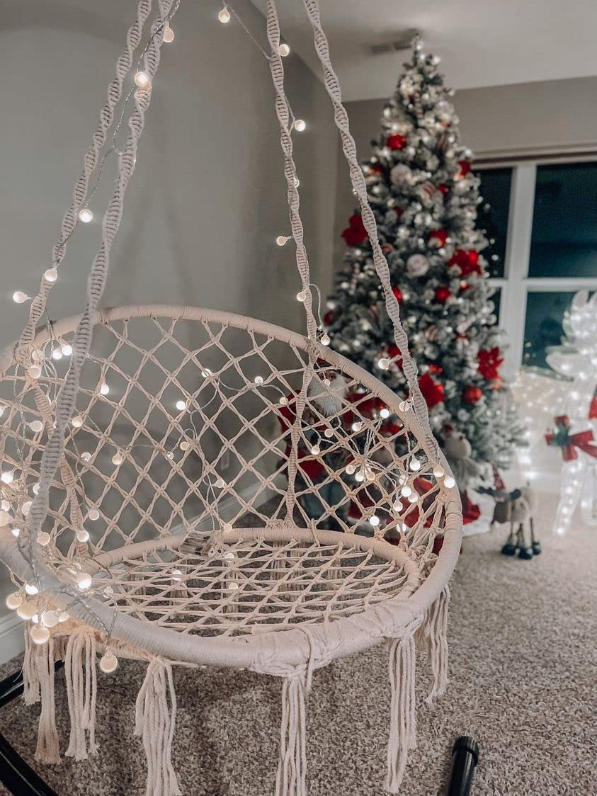 VIVOHOME Hanging Hammock Chair Macrame Swing with 39ft Long LED Light, Stand Not Included, Max 330 lbs Capacity, Cotton Hand-Woven Hammock Swing Chair for Indoor, Outdoor, Bedroom, Balcony - Beige