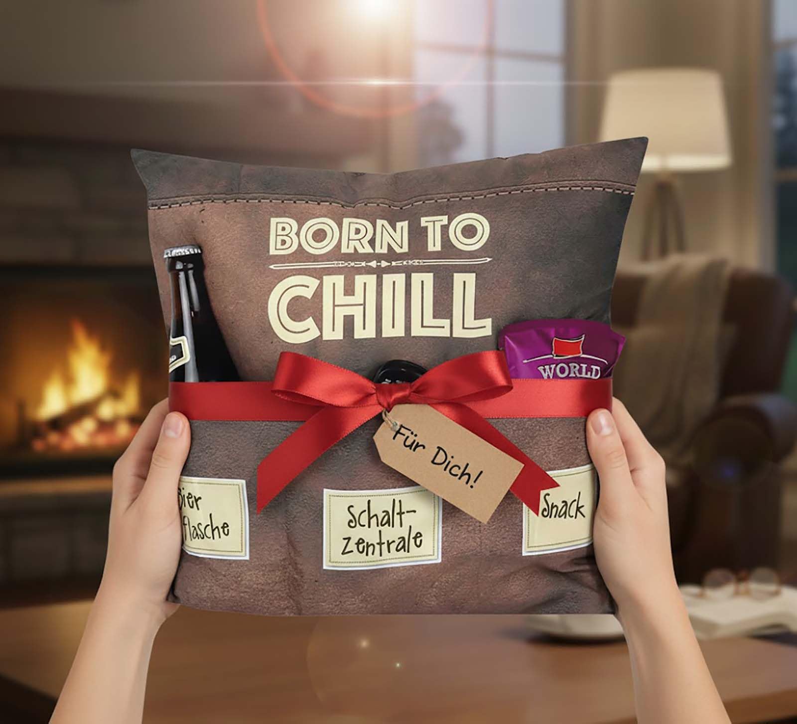 KAMACA Original Decorative Cushion with 3 Pockets to Fill Yourself Size 43 x 43 cm Great Gift for a Successful Sofa Evening Movie Night (Born to Chill)