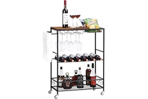 FAGIGY Bar Cart, Mobile Bar Serving Cart, Rolling Wine Cart with Glass Stemware Rack and Wine Bottle Holders, Industrial Vintage Style Mobile Kitchen Shelf Beverage Cart for Kitchen, Dining Room