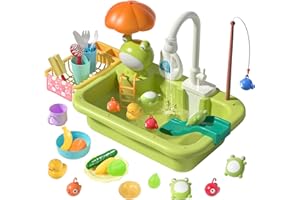 CUTE STONE Play Sink with Running Water, Kitchen Sink Toys with Upgraded Electric Faucet, Play Kitchen Toy Accessories, Pool Floating Fishing Toys for Water Play, Kids Role Play Dishwasher Toy