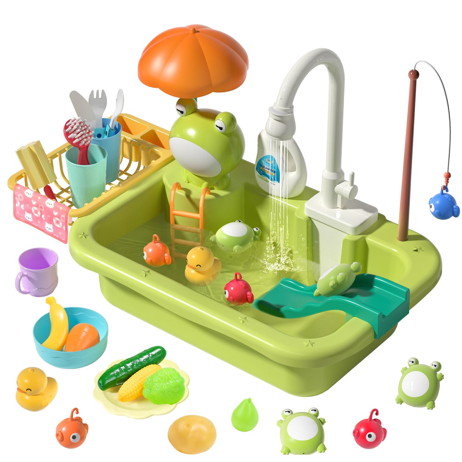 cute stone Play Sink with Running Water, Kitchen Sink Toys with Upgraded Electric Faucet, Play Kitchen Toy Accessories, Pool Floating Fishing Toys for Water Play, Kids Role Play Dishwasher Toy