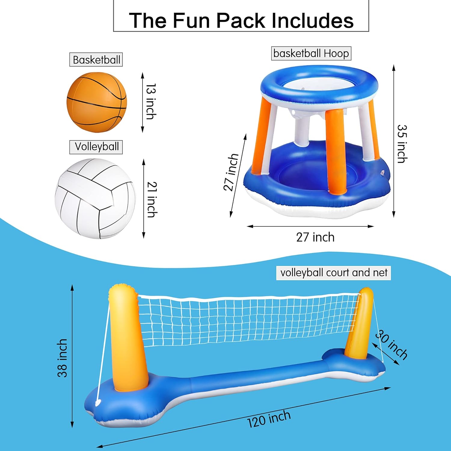 Pool Volleyball Set, Inflatable Volleyball and Basketball Net for Pool, Floating Pool Swimming Game Toys Nets Sets for Pool Activities Above Ground Pool Kids Adults (Upgraded Size, 120” inch): Sports & Outdoors