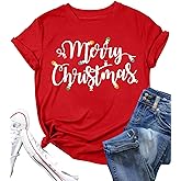 Vlinphin Christmas Shirts for Women：Red Christmas Tshirts Xmas Shirt Plaid Santa Snowman Graphic Short Sleeve Casual Top