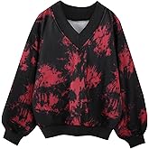 Remidoo Oversized Sweatshirt For Women V Neck Sweatshirts Tie dye Fleece Long Sleeve Pullover Top Black Small