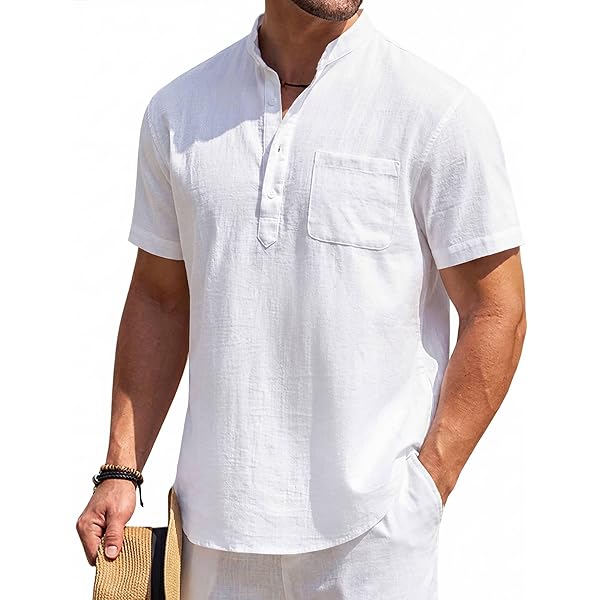 Linen Shirt for Men Collarless Button Down Short Sleeve Shirts Cotton Beach  Casual Summer Shirts Beige at Amazon Men's Clothing store