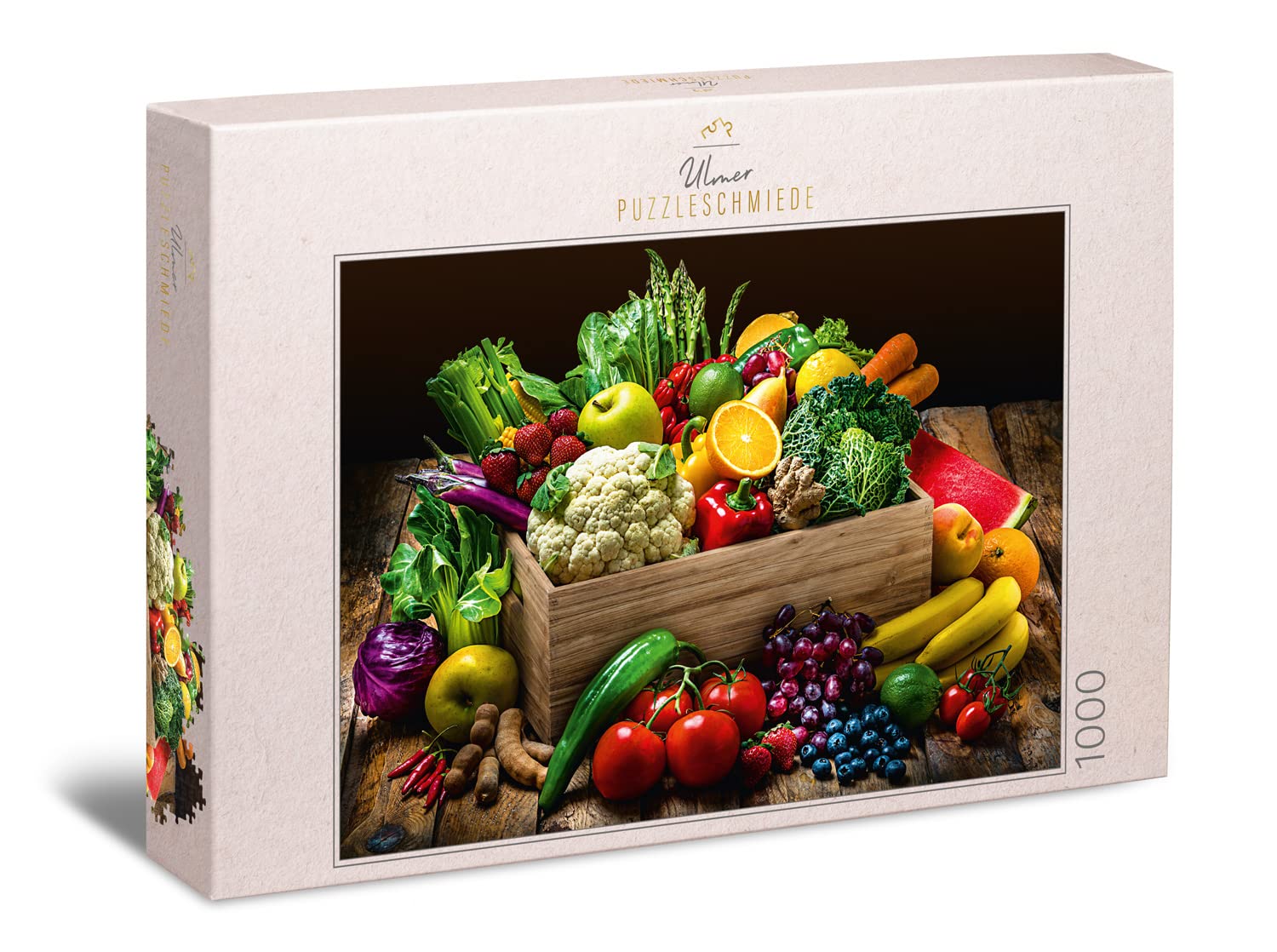 Ulmer Puzzleschmiede - Puzzle "Rich Harvest" - Classic 1000 Piece Puzzle from the Kitchen - Puzzle Motif Colourful Fruit Box with Local and Exotic Fruits and Vegetables