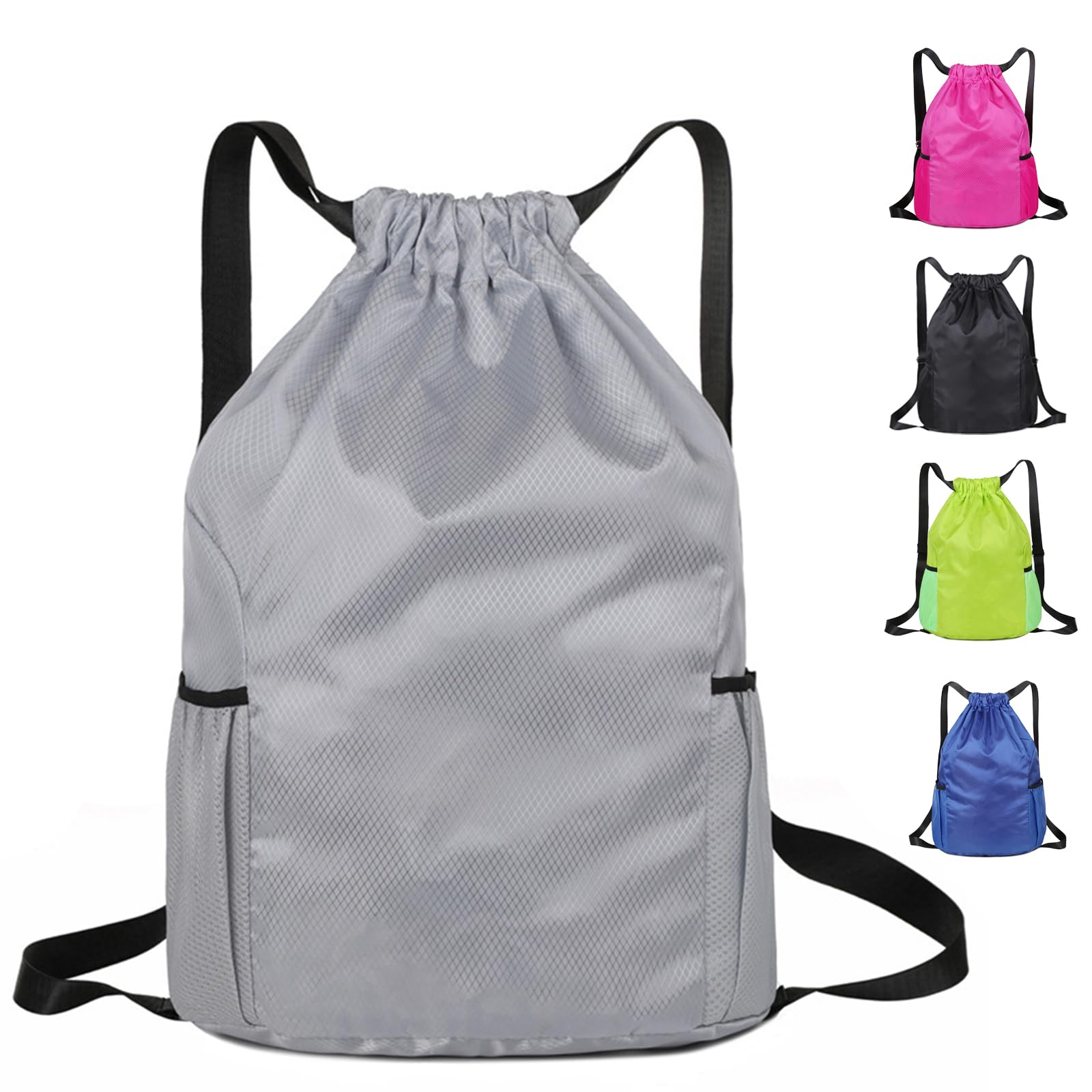 Toced Drawstring Bag, Unisex Large Sports Backpack String Drawstring PE Bags, Sport Gym Sack have Two Side Pockets, Travel Beach Swim School Bag with Waterproof (Grey)