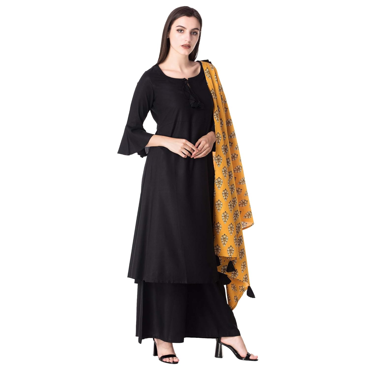 ortange readymade women's rayon kurta, palazzo with printed dupatta set