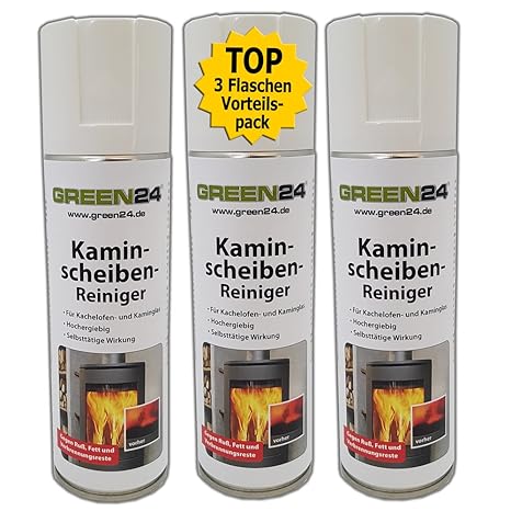 3 Flaschen Vorteilspack! PROFI Kaminscheiben-Reiniger Glasreiniger für Kachelofen und Kamin. GREEN24 Schaum Spray gegen Ruß, 