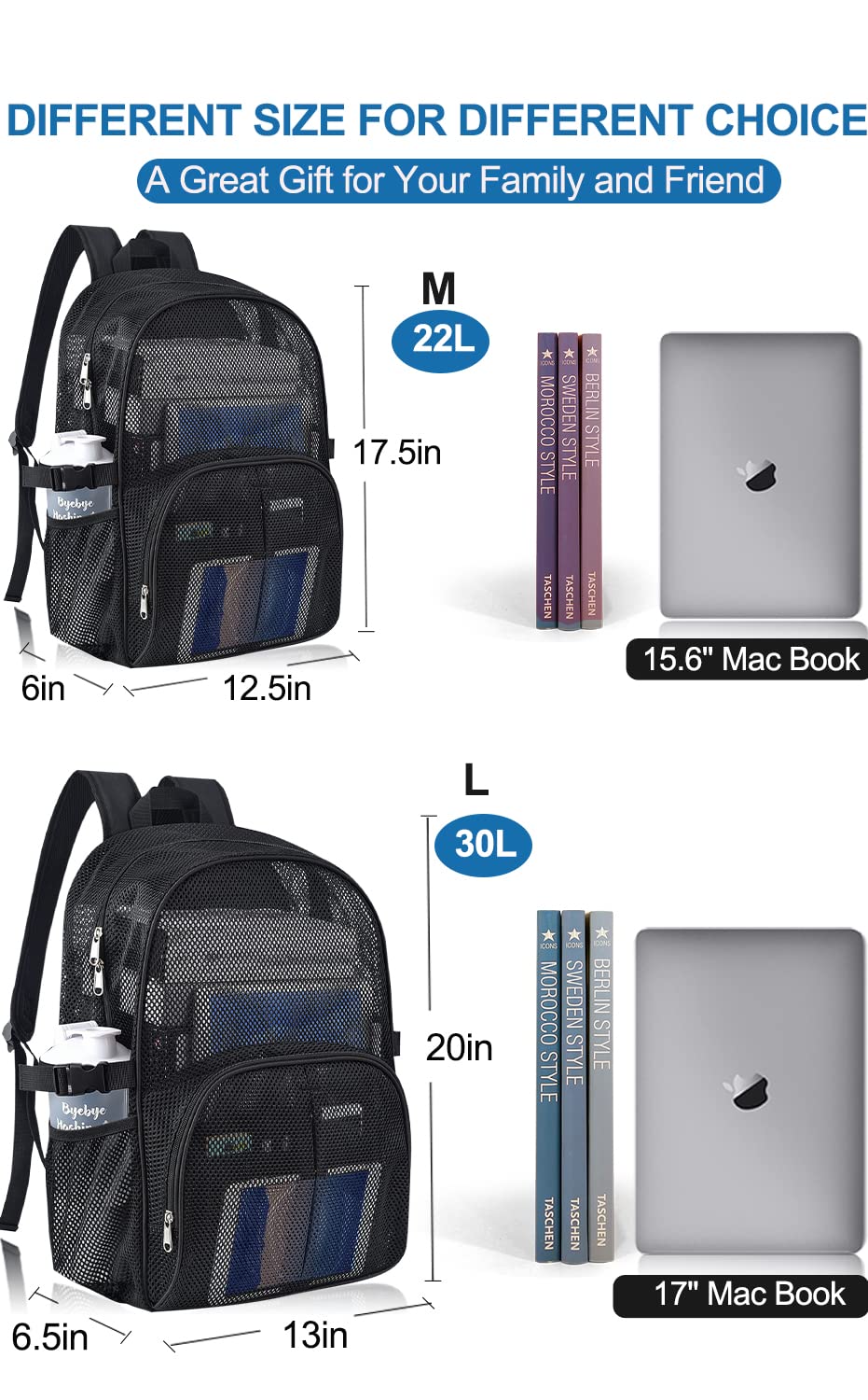 Heavy Duty Mesh Backpack for School, 22L Black Mesh School Bag with Laptop Compartment for Beach, Commuting, Swimming, Fitness, Sports (Black)