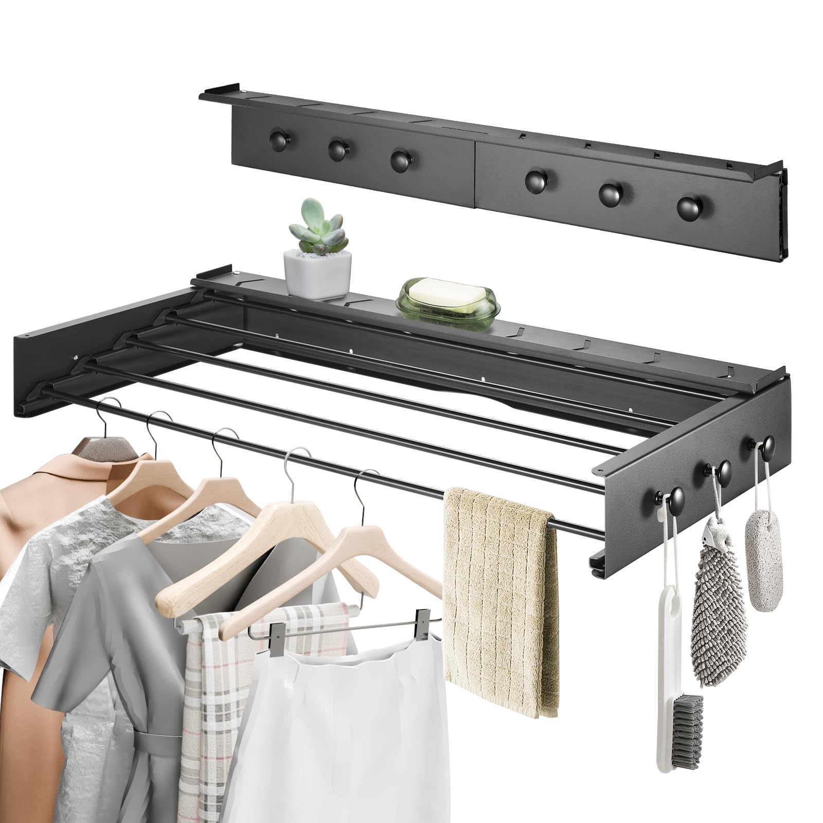 Wall Mounted Clothes Dryer, Space Saving Clothes Drying Rack with Additional Hooks, Foldable Laundry Clothes Dryer, Easy to Install, Retractable Drying Rack for Indoor & Outdoor, 80cm (Black)