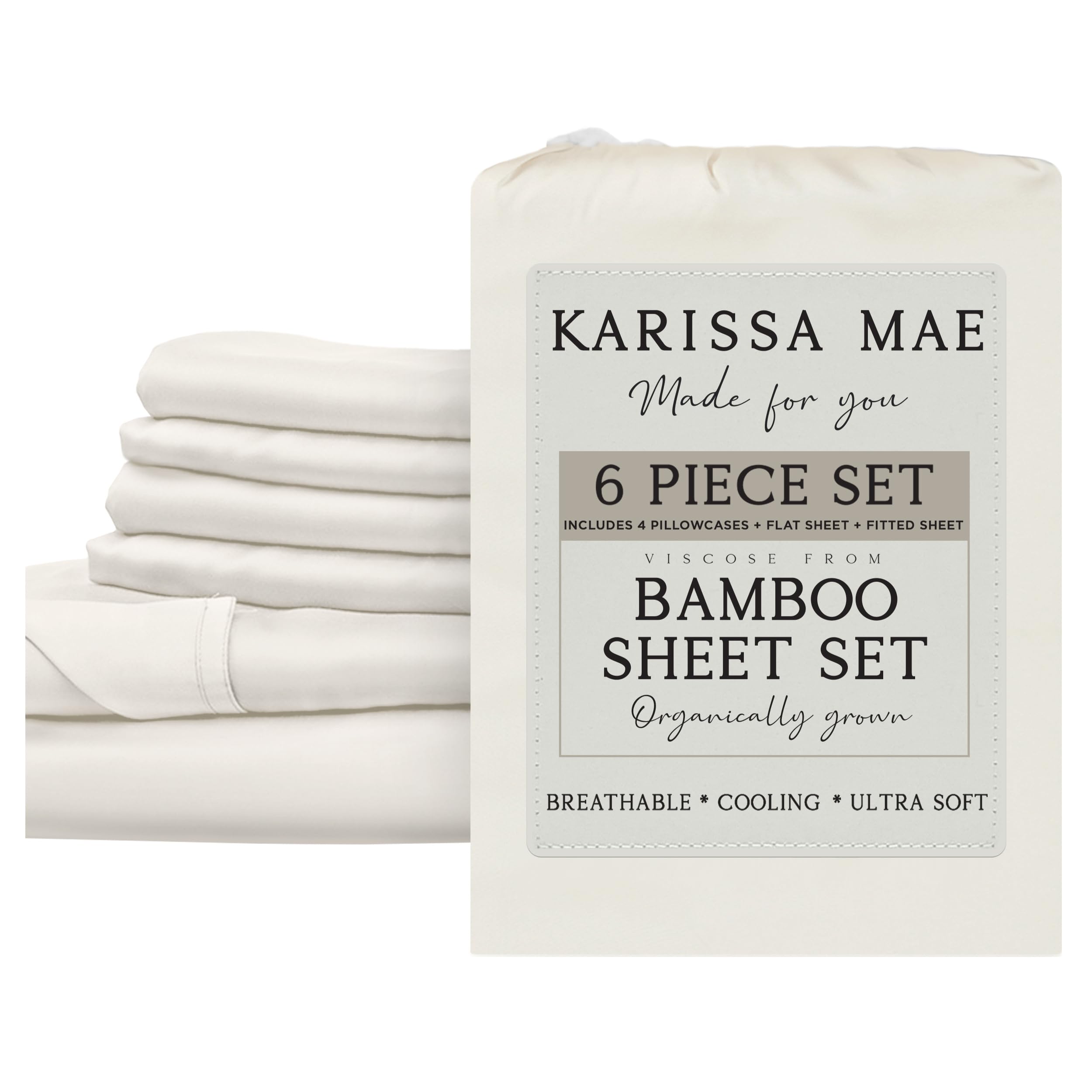 KARISSA MAE 7 Piece Cooling Bamboo Viscose Split King Size Sheet Set | 2 Fitted Sheets for Adjustable Beds | 100% Organically Grown | Cooling for Hot Sleepers | 4 Pillowcases [Ivory]