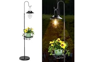 XPSCOCO 60" Solar Lights with Plant Stand, Outdoor Floor Lamps, Waterproof Metal Hanging Solar Lantern for Patio Deck Porch Yard Garden Decor