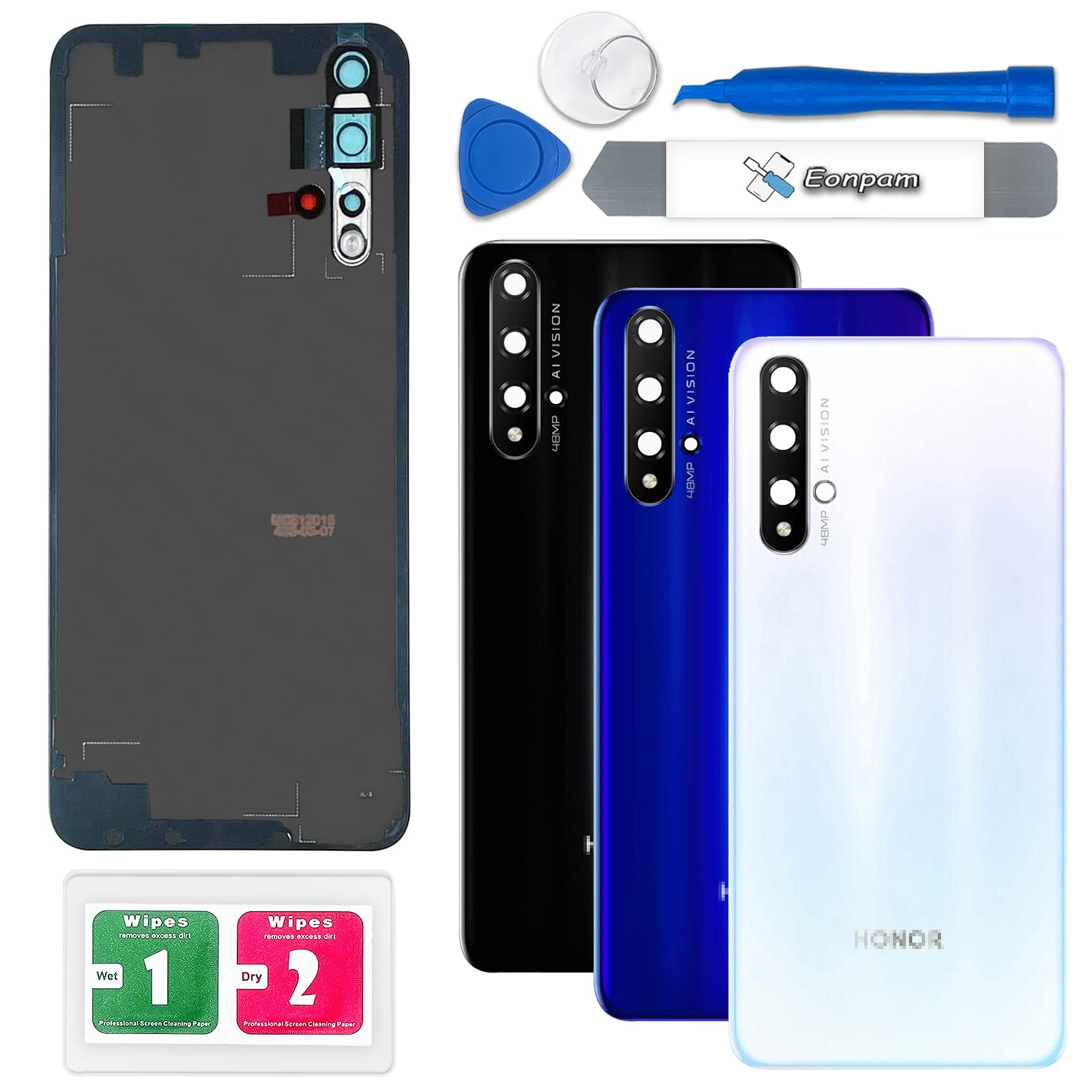 Eonpam Back Cover Glass for Honor 20 Rear Glass Replacement with Camera Lens + Repair Kit Genuine Rear Housing (White)