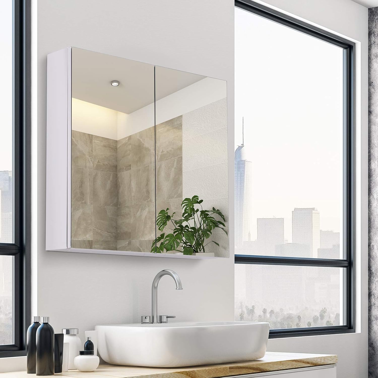 HOMCOM Bathroom Mirror Cabinet, Stainless Steel Wall Mounted Bathroom Storage Cabinet with Double Doors, 60x55cm - Image 4