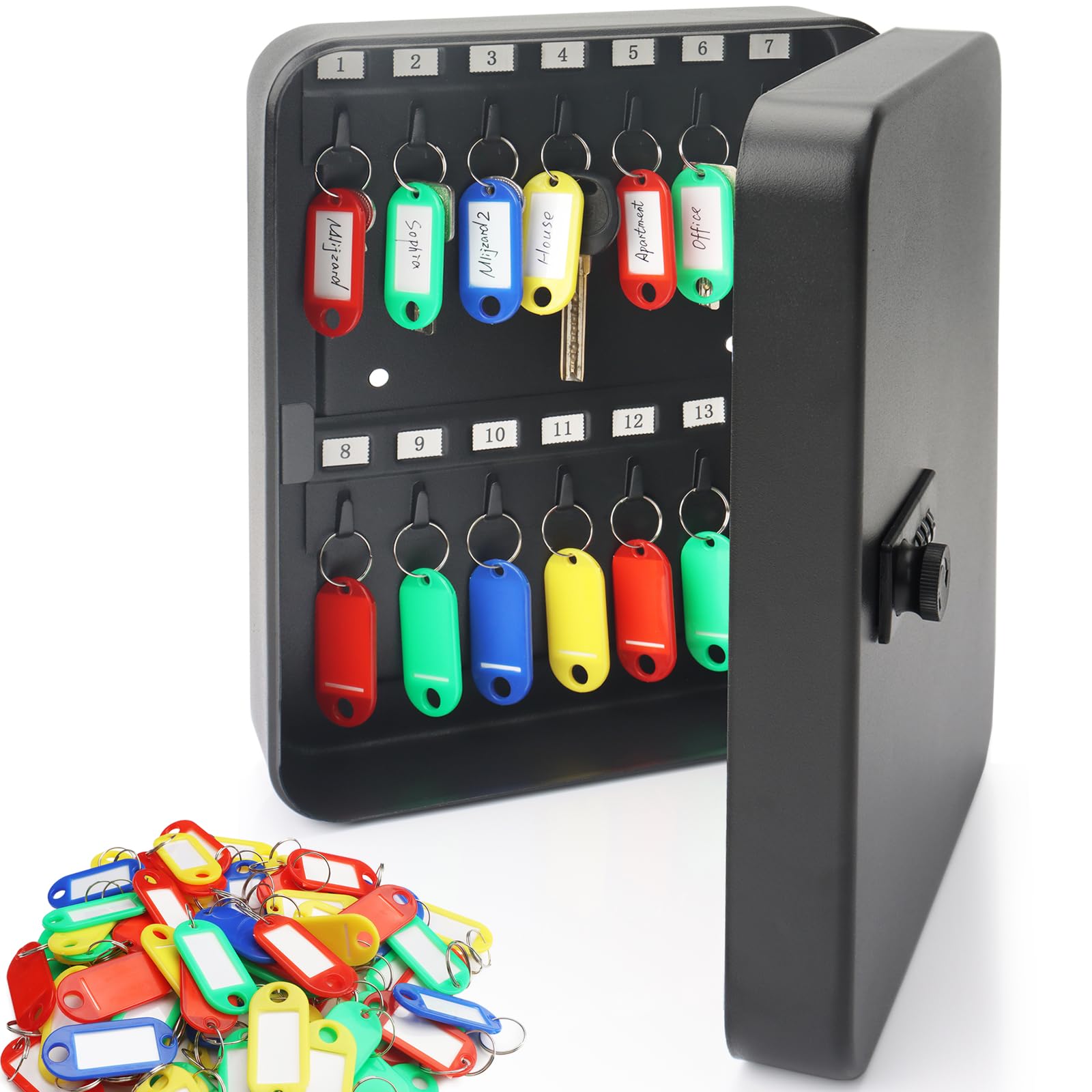 Mlijzard 28 Position Key Cabinet Key Safe Wall Mounted + 60pcs Key Tags, Steel Security Lock Box with Combination Lock Steel Keysafe Organizer for Home Office Garage (Black-28Key60Tag)
