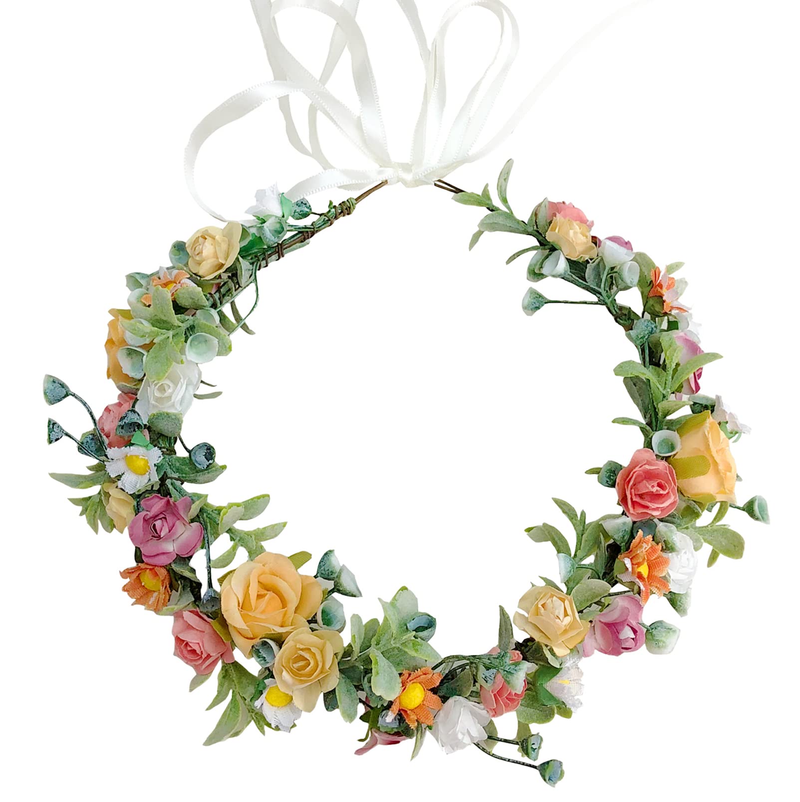 Brikuinr Wedding Flower Crown Floral Wreath Headband Hair Wreath Hair Garland Flower Halo Floral Headpiece Boho with Ribbon Party Prom Orange